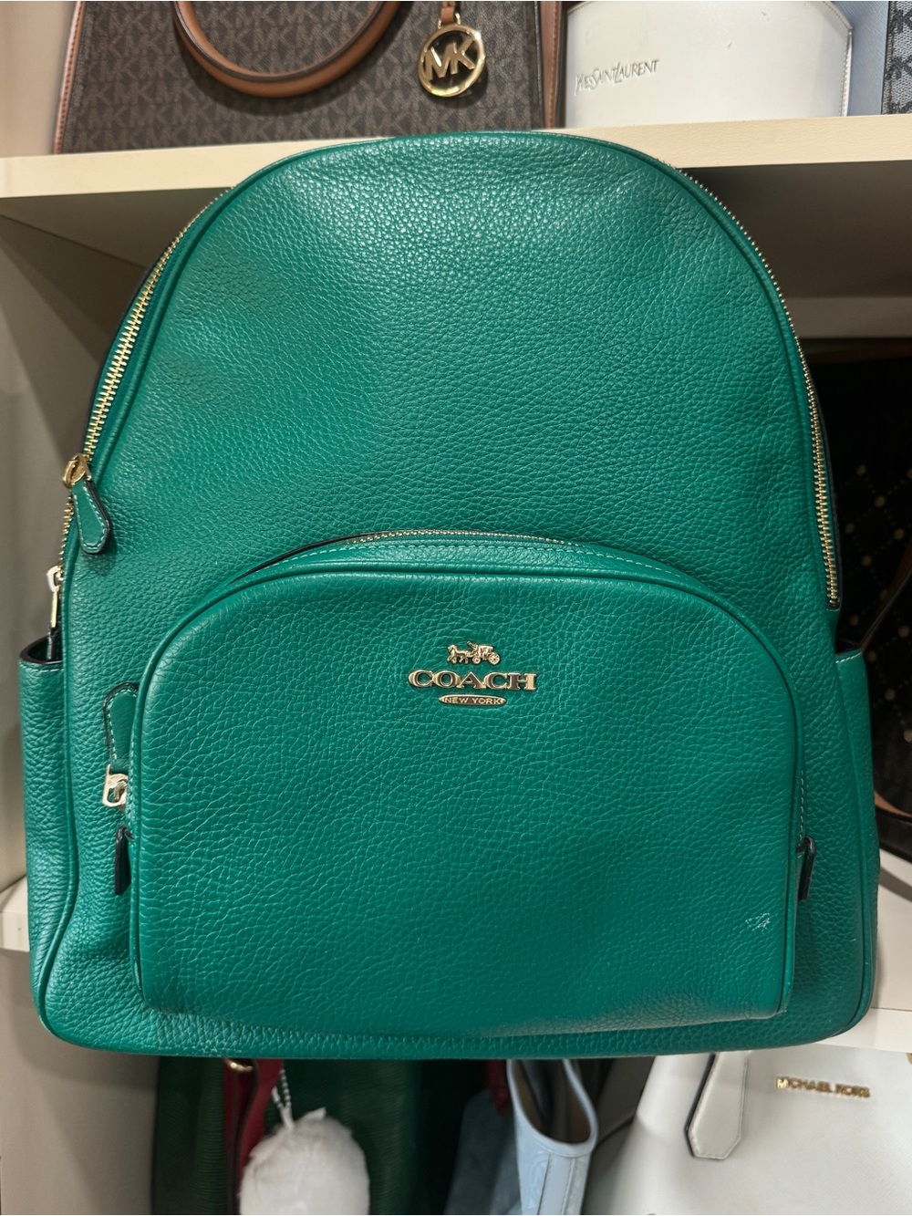 Coach Green Pebble Leather Backpack with Gold Hardware